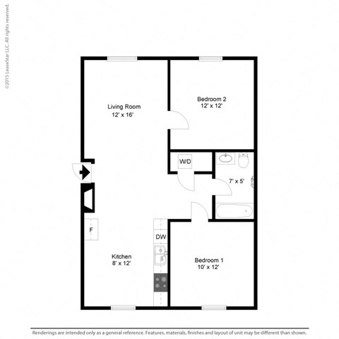 Floor plan for 2 beds, 1 bath, 686 sqft